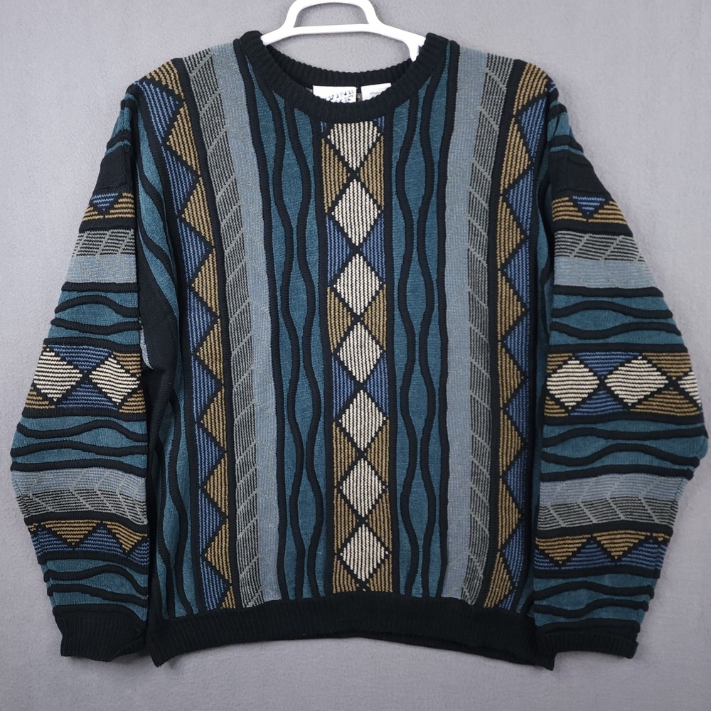 Irvine Park Mens XL Blue Black Geometric Textured Knit Coogi Style Crew‎ Sweater